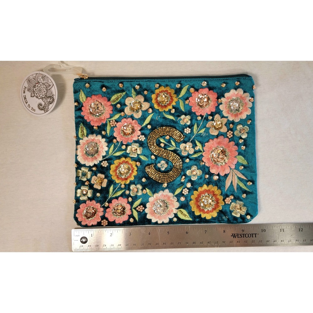 From India To You Teal Velvet Floral Embroidered Beaded Initial S Pouch Bag NEW